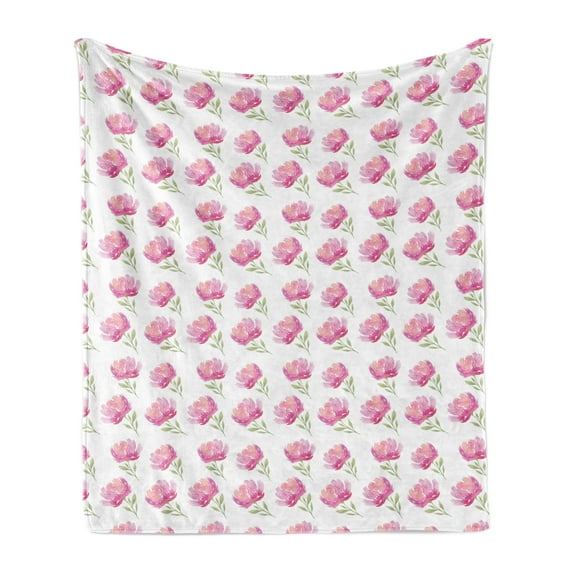 Watercolor Flowers Soft Flannel Fleece Throw Blanket, Peony Blooms Season Revival Summer, Cozy Plush for Indoor and Outdoor Use, 60" x 80", Pale Pink and Pale Green, by Ambesonne