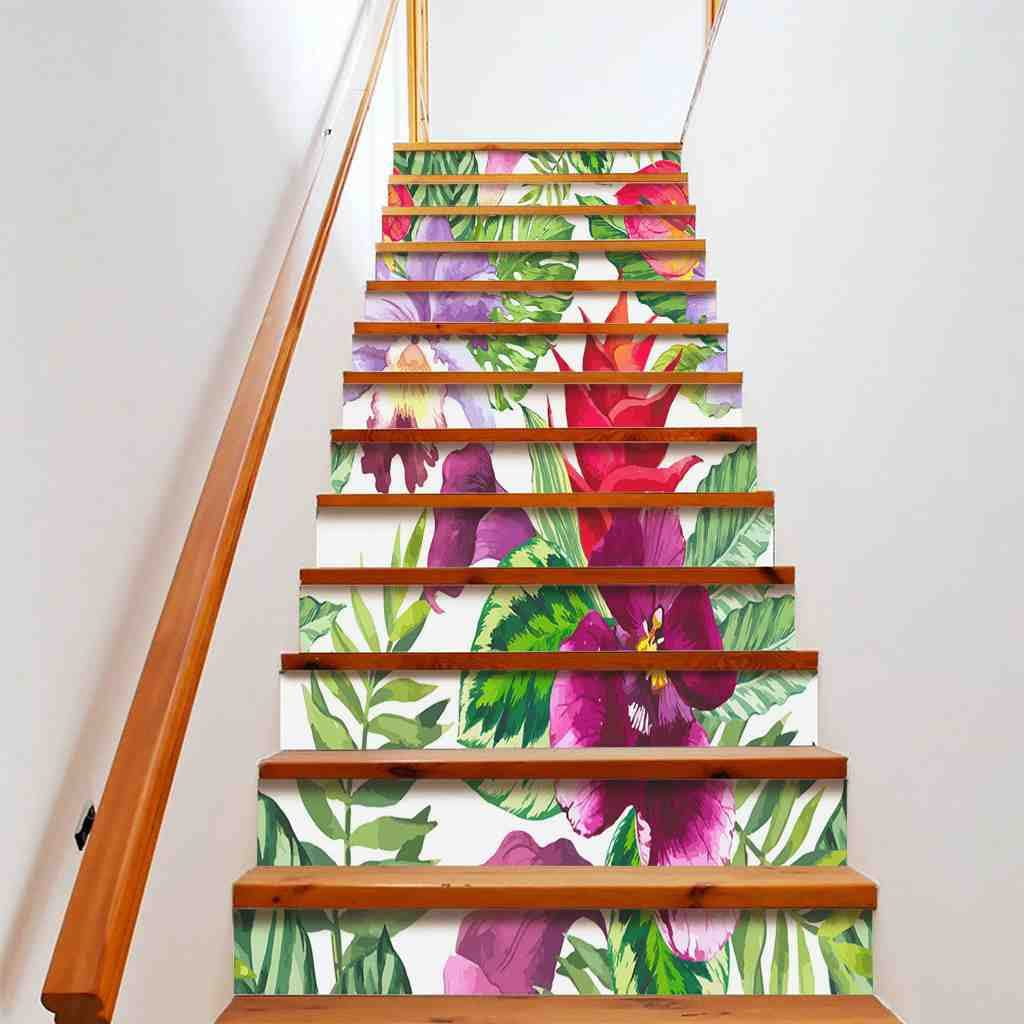 Watercolor Flowers Stair Stickers Purple Phalaenopsis Stairs Riser