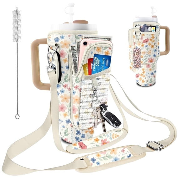 Bolimoss Watercolor Flowers Water Bottle Carrier Bag for Stanley 40oz/30oz Tumbler, Cup Holder Sleeve with 2 Adjustable Straps, 3 Pockets and Phone Pocket for Hiking Travel
