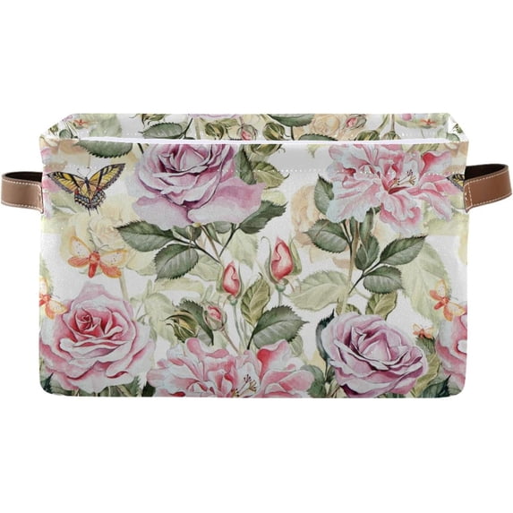Watercolor Flowers Storage Basket with Handles Collapsible Storage Bins Canvas Fabric Storage Organizer for Shelves Closet Bedroom Living Room 2Pack Decor Gifts