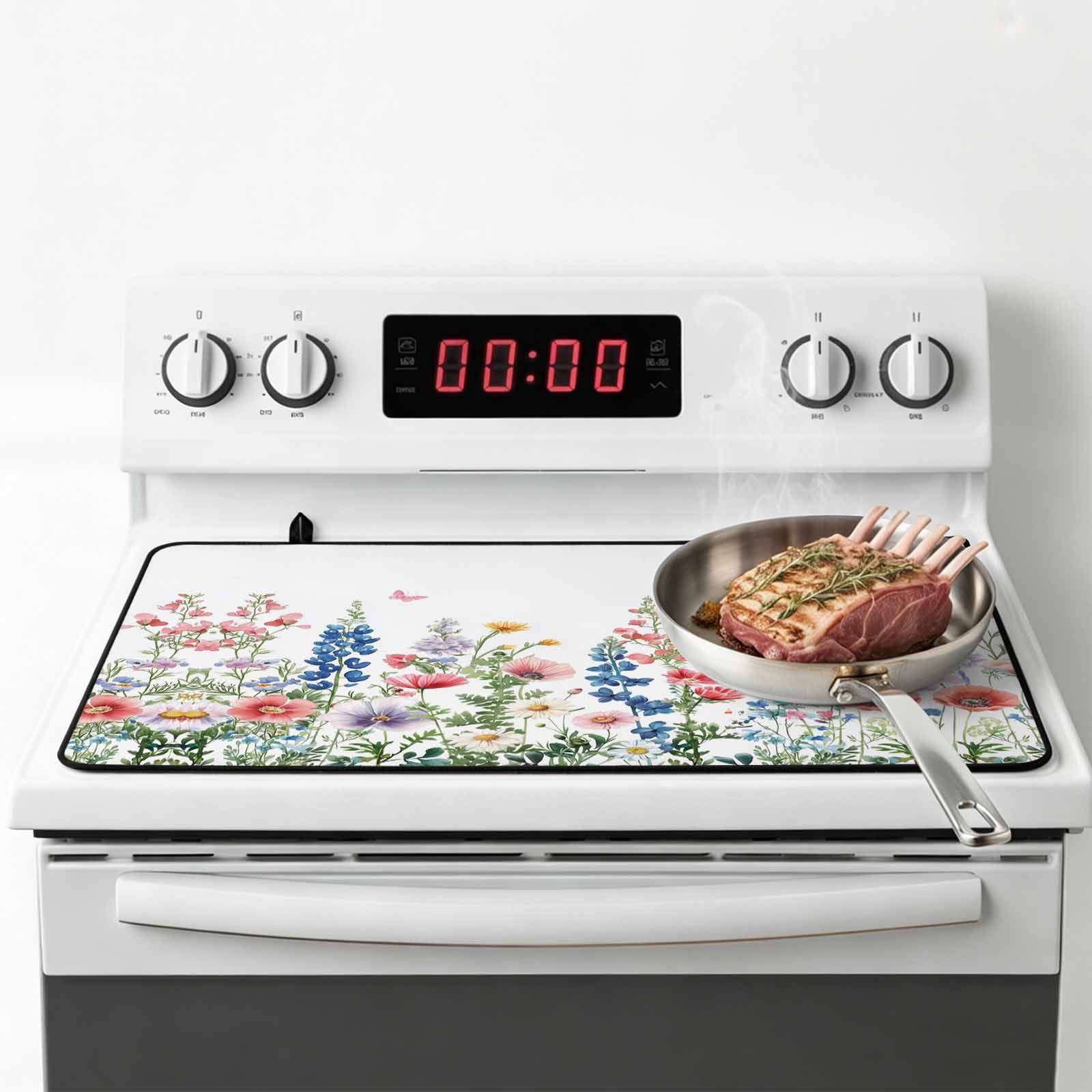 Watercolor Flowers Stove Top Cover for Electric Stove, Heat-proof & Non Slip Glass Top Stove Cover Protector, Blue Pink Butterfly Spring Bptanical Kitchen Flat Cooktop Rubber Mat 24x21 Inches
