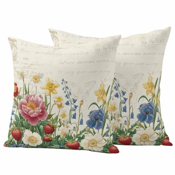 Watercolor Flowers Strawberry Pillow Covers 2 Pack Yellow Blue Floral Plant Pillowcase Waterproof Outdoor Throw Pillow Cover for Patio Garden Square Cushion 24”x24”