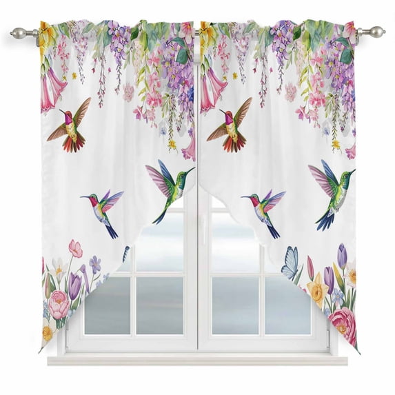 Watercolor Flowers Swag Valances for Windows 2 Pack, Kitchen Window Curtains 36 Inch Length, Spring Hummingbird Butterflly Floral Privacy Swag Curtains for Living Room/Bathroom 36"x36"