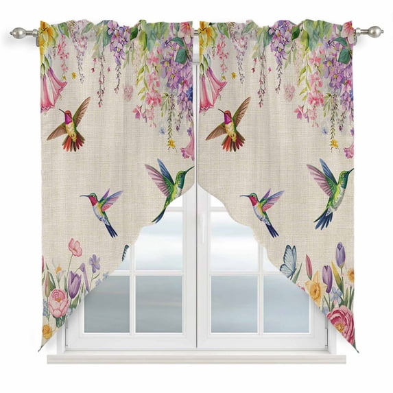 Watercolor Flowers Swag Valances for Windows, Kitchen Curtains 36 Inch Length 2 Panels Set, Spring Hummingbird Butterflly Floral Beige Short Curtains for Small Windows Cafe Curtains 28"x36"