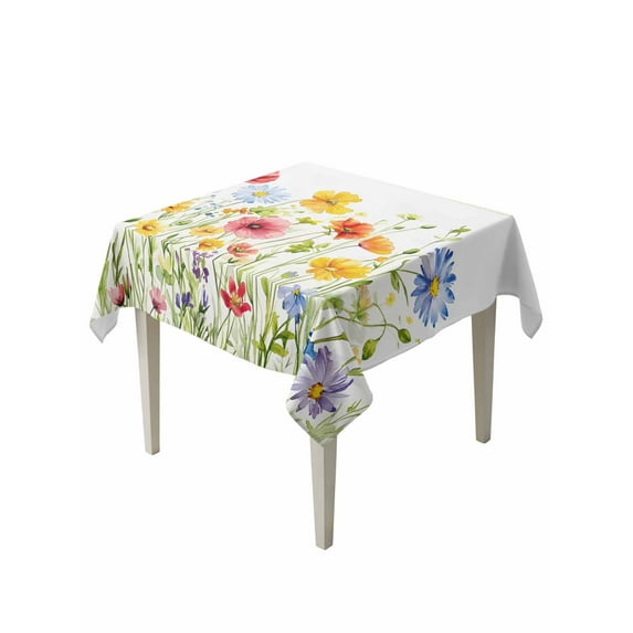 Watercolor Flowers Table Cloth, Daisy Purple Orange Blue Floral Waterproof Tablecloth for Square Tables, Reusable Washable Fabric Table Cover for Restaurant Kitchen Dining Tables 54"x54"