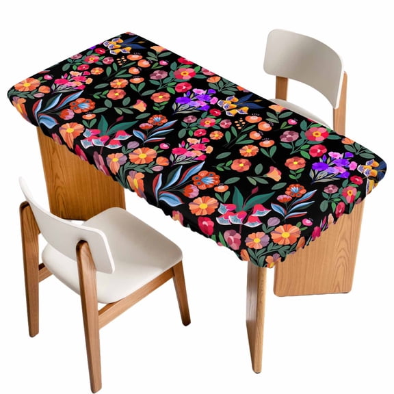 Watercolor Flowers Table Cloths for 4 Foot Rectangle Tables, Retro Spring Floral Botanical Leaves Black Patio Waterproof Elastic Fitted Tablecloths, Washable Rectangular Table Cover for Camping