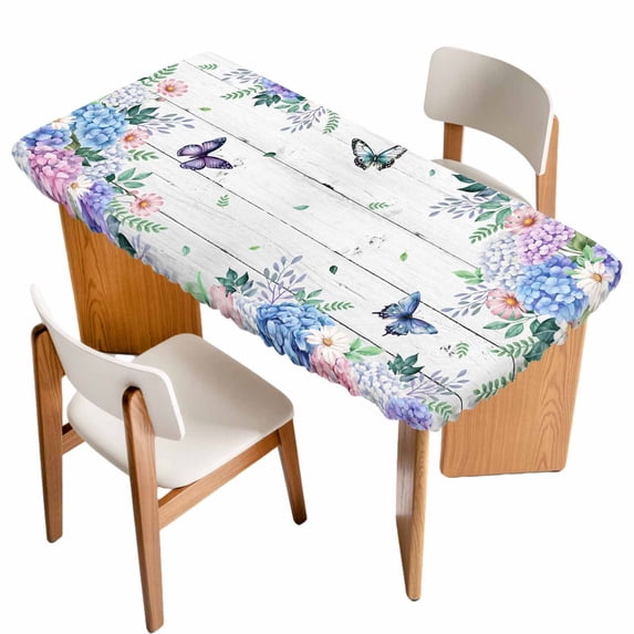 Watercolor Flowers Table Cloths for 5 Foot Rectangle Tables, Spring Butterflies Floral Gray Wood Patio Waterproof Elastic Fitted Tablecloths, Washable Rectangular Table Cover for Camping