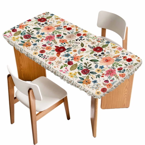 Watercolor Flowers Table Cloths for 6 Foot Rectangle Tables, Rustic Spring Floral Botanical Beige Patio Waterproof Elastic Fitted Tablecloths, Washable Rectangular Table Cover for Camping
