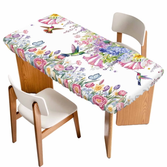 Watercolor Flowers Table Cloths for 6 Foot Rectangle Tables, Spring Hummingbird Butterflly Floral Patio Waterproof Elastic Fitted Tablecloths, Washable Rectangular Table Cover for Camping