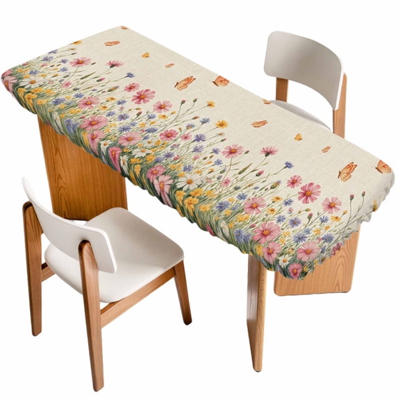 Watercolor Flowers Table Cloths for 8 Foot Rectangle Tables, Spring Daisy Floral Butterflly Beige Patio Waterproof Elastic Fitted Tablecloths, Washable Rectangular Table Cover for Camping