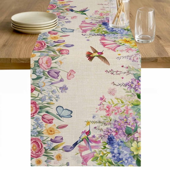 Watercolor Flowers Table Runner - 108 Inch Long Spring Hummingbird Butterflly Floral Beige Cotton and Linen Blended Dress Scarves Farmhouse Table Runner for Kitchen Dining, Coffee Table, 13" x 108"