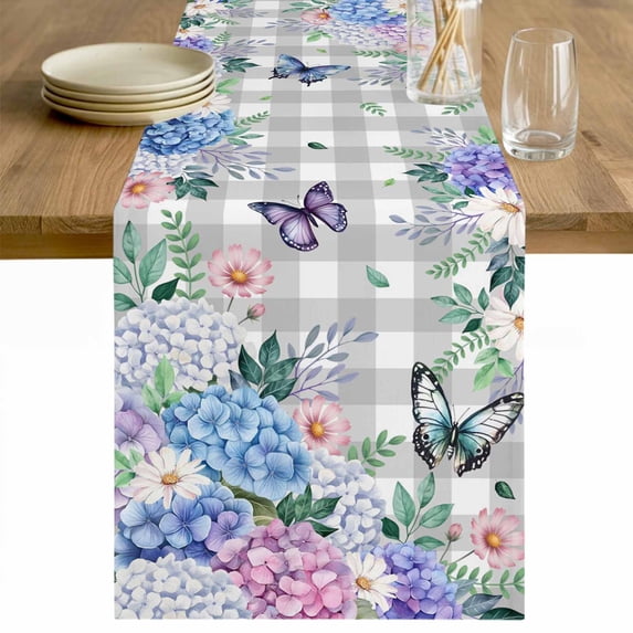 Watercolor Flowers Table Runner - 120 Inch Long Spring Butterflies Floral Gray Plaid Cotton and Linen Blended Dress Scarves Farmhouse Table Runner for Kitchen Dining, Coffee Table, 13" x 120"