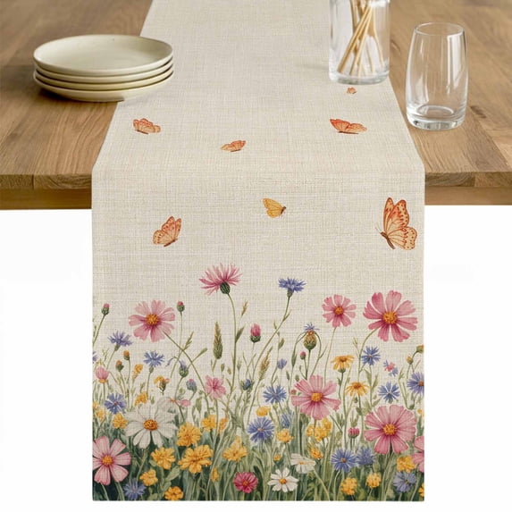 Watercolor Flowers Table Runner 36 Inches Long Farmhouse Dress Scarves, Spring Daisy Floral Butterflly Beige Dining Tablerunner for Coffee Table/Kitchen Island/Party Décor, Small 13" x 36"