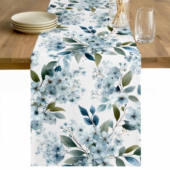 Watercolor Flowers Table Runner - 48 Inch Long Spring Floral Leaves Botanical Blue Cotton and Linen Blended Dress Scarves Farmhouse Table Runner for Kitchen Dining, Coffee Table, 13" x 48"