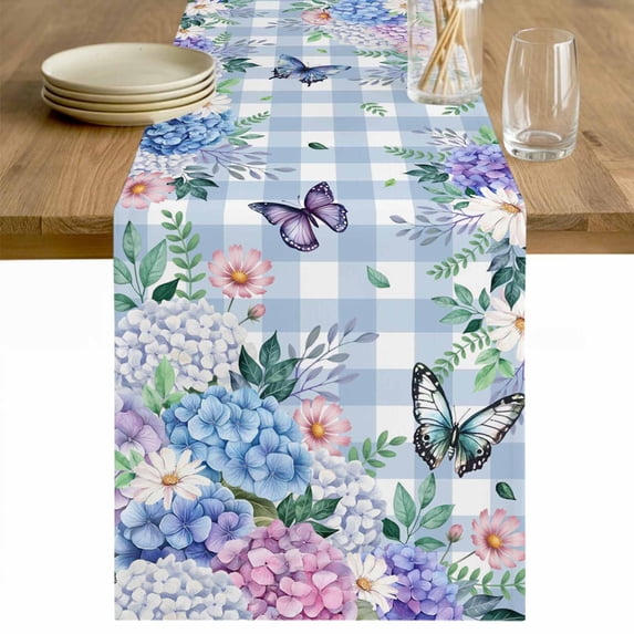 Watercolor Flowers Table Runner 48 Inches Long Farmhouse Dress Scarves, Spring Floral Butterflies Blue Plaid Dining Tablerunner for Coffee Table/Kitchen Island/Party Décor, 13" x 48"