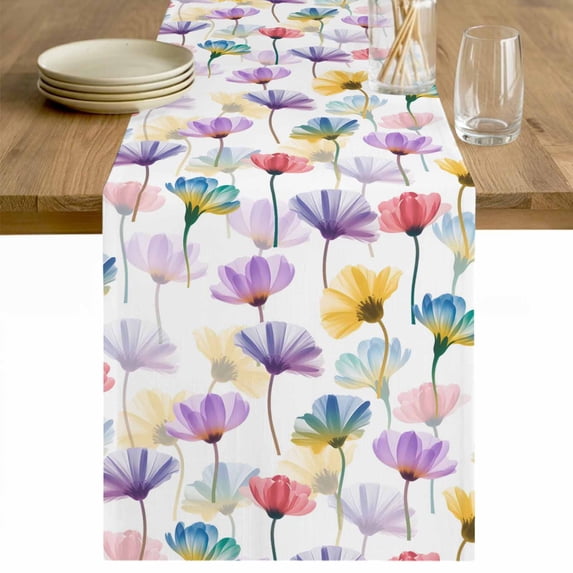 Watercolor Flowers Table Runner - 60 Inch Long Spring Floral Plants Country Cotton and Linen Blended Dress Scarves Farmhouse Table Runner for Kitchen Dining, Coffee Table, 13" x 60"