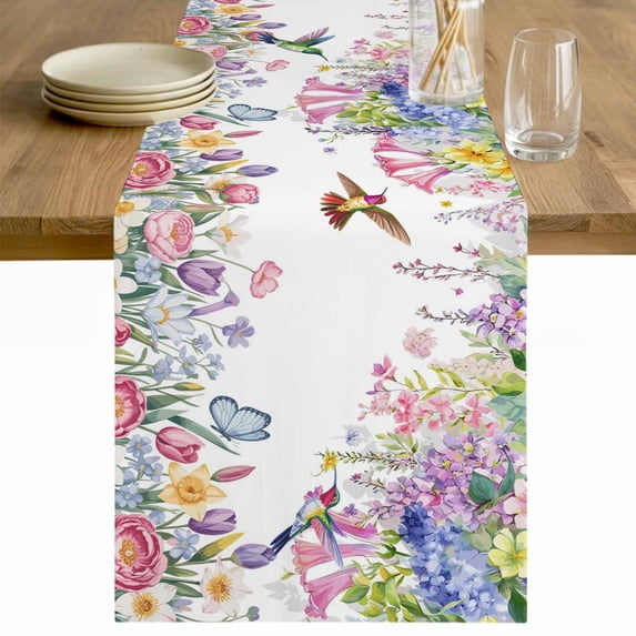 Watercolor Flowers Table Runner - 72 Inch Long Spring Hummingbird Butterflly Floral Cotton and Linen Blended Dress Scarves Farmhouse Table Runner for Kitchen Dining, Coffee Table, 13" x 72"