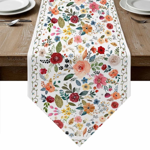 Watercolor Flowers Table Runner Linen Burlap Table Runner 36 Inches Small Farmhouse Spring Floral Botanical Dresser Scarves for Kitchen Island Coffee Dining Party Wedding Holiday Decor 13"x36"