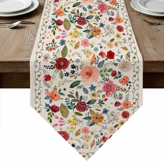 Watercolor Flowers Table Runner Linen Burlap Table Runner 70 Inches Long Rustic Spring Floral Botanical Beige Dresser Scarves for Kitchen Island Coffee Dining Party Wedding Holiday Decor 13"x70"