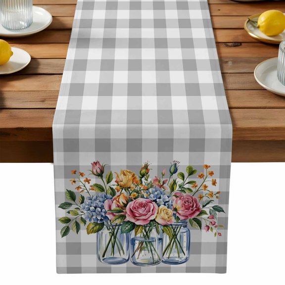 Watercolor Flowers Table Runner, Pink Rose Leaf Bottle Gray White Plaid Kitchen Table Runners Dress Scarves for Table Decorations Party/Restaurant/Indoor Outdoor Use, 13x36in