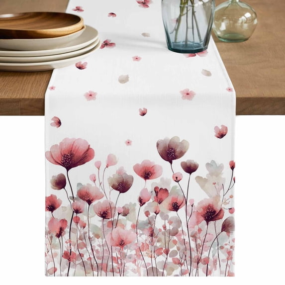 Watercolor Flowers Table Runner, Spring Pink Ink Floral Botanical Washable Cotton Linen Table Runners 108 Inches Long, Dresser Scarf Runner for Dining/Living Room/Kitchen/Square Tables 13''x108''