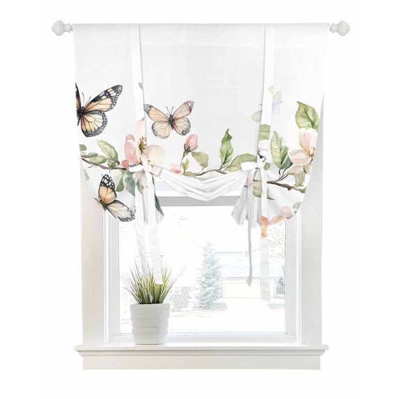 Watercolor Flowers Tie Up Curtains for Window, Thermal Insulated Balloon Shade Adjustable Rod Pocket Curtains Valance Panels for Kitchen Bathroom Cafe 52 x 45 Spring Botanical Branch Butterfly