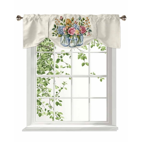 Watercolor Flowers Tie Up Valances Curtain, Adjustable Kitchen Pink Rose Leaf Bottle Decoration Valances for Windows Decor, Rod Pocket Short Curtains Set for Bedroom/Bathroom, 60"x18"