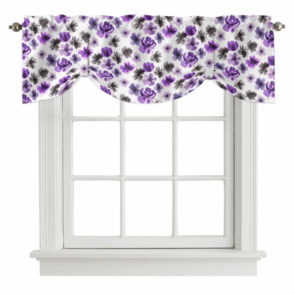 Watercolor Flowers Tie Up Valances Curtain, Retro Purple Brown Floral Adjustable Rod Pocket Short Window Treatment Tie Up Curtains Valances for Kitchen Living Room Bathroom 54x18 Inches