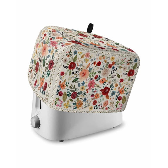 Watercolor Flowers Toaster Cover 4 Slice, Large Kitchen Appliance Covers, Rustic Spring Floral Botanical Beige Toaster Oven Cover with Loop, Bread Machine Cover Polyester Dust Cover Protection