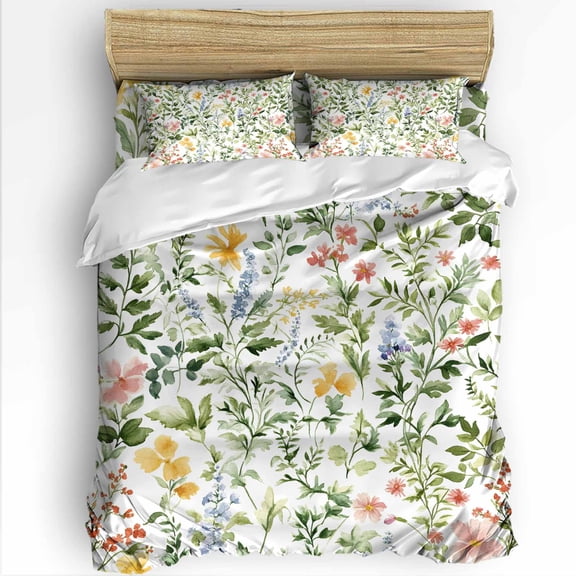 Watercolor Flowers Twin Size Comforter Set, Spring Herb Leaf Plant Soft Bedding for All Seasons, 4 Pcs Bed Set with 1 Comforter (68"x86") ,1Sheet(66"x116"), 2 Pillowcases (19"x29")
