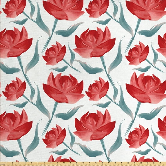 Ambesonne Flower Fabric by the Yard Upholstery, Romantic Rose Blooms, 3 Yards, Vermilion Slate Blue