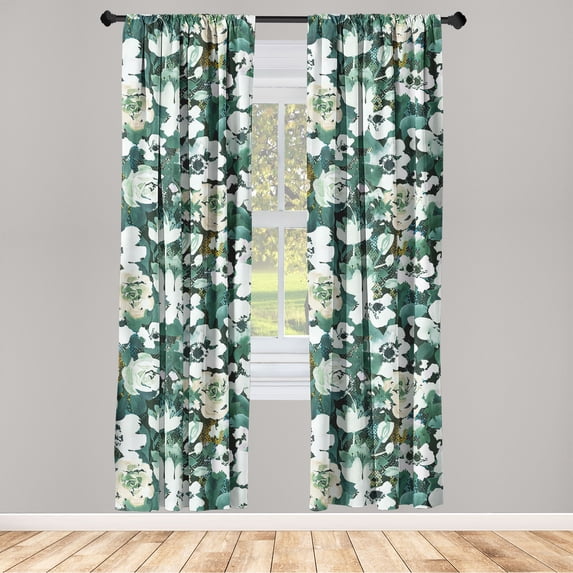Watercolor Flowers Window Curtains, Watercolor Painting Look Anemones and Roses Botanical Art, Lightweight Decor 2-Panel Set with Rod Pocket, Pair of - 28"x84", Hunter Green and Beige, by Ambesonne