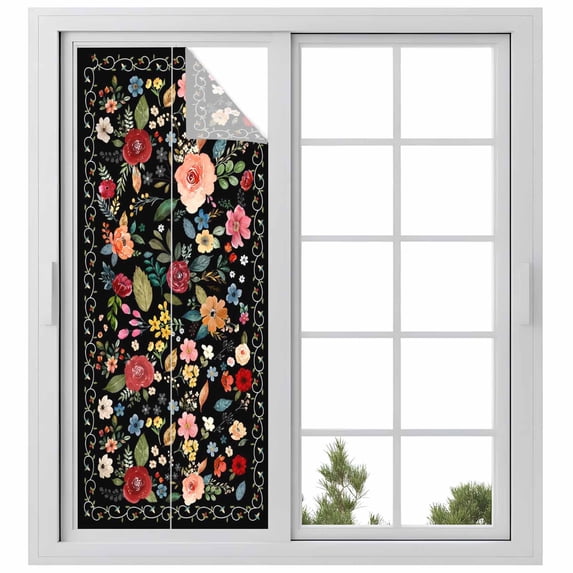 Watercolor Flowers Window Privacy Film, Farmhouse Floral Vintage Black Static Cling UV Sun Blocking Heat Control Window Tint Day and Night, Non-Adhesive One Way Windows Privacy Cover 29.5''x78.7''