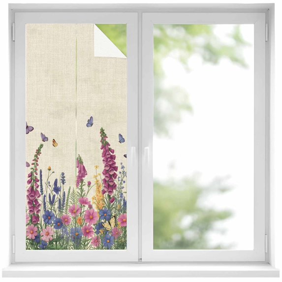 Watercolor Flowers Window Privacy Film, Retro Botanical Blooms Floral Butterfly Static Cling UV Sun Blocking Heat Control Window Tint Day and Night, Non-Adhesive One Way Privacy Cover 17.7''x39.3''