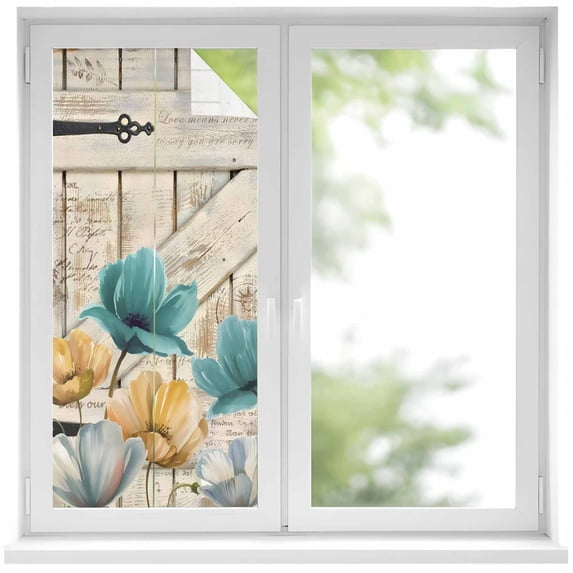 Watercolor Flowers Window Privacy Film,Vintage Tulips Floral Barn Doors Wood Grain Static Cling UV Sun Blocking Heat Control Window Tint Day and Night,Non-Adhesive One Way Privacy Cover 17.7''x39.3''