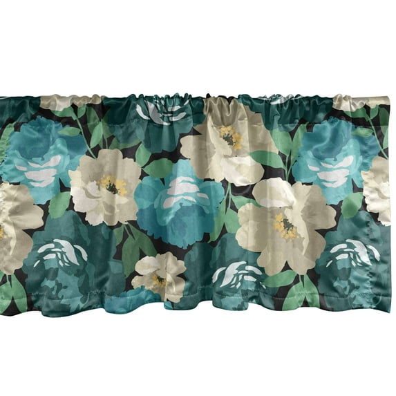 Watercolor Flowers Window Valance, Cottagecore Inspired Painting Effect Flowers Jungle Vibes, Curtain Valance for Kitchen Bedroom with Rod Pocket, 54" X 18", Seafoam and Forest Green, by Ambesonne