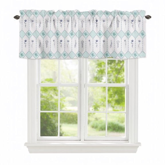 Watercolor Flowers Window Valance Curtain Summer Modern Blue Green Grid Rod Pocket Valance for Windows Short Curtain for Living Room, Bedroom & Kitchen Window Decor 42x12in