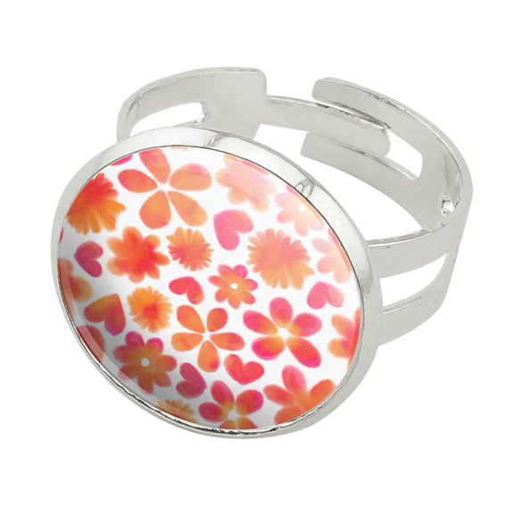 Watercolor Flowers and Hearts Pattern Silver Plated Adjustable Novelty Ring