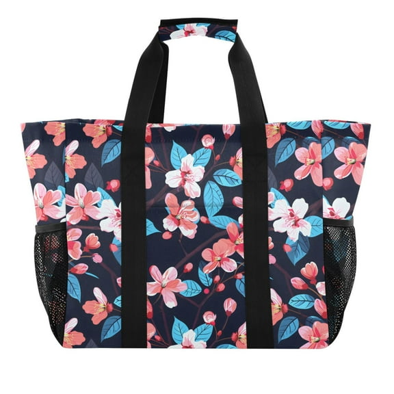 Watercolor Flowers and Leaf Reusable Grocery Bags with Handle Side Pocket Waterproof Shopping Portable Tote