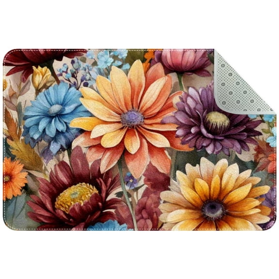 Watercolor Flowers on Brown Background Small Area Rug, Non-Slip Door Mat Indoor Floor Mat, Washable Kitchen Rug Entrance DMat for Bedroom Living Room
