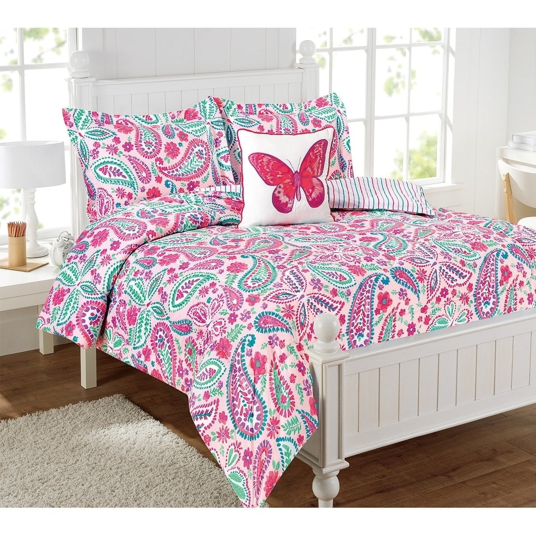 Pink and Aqua Microfiber Reversible Twin Bedspread Set