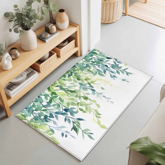 Watercolor Foliage Pastoral Willow Rectangle Area Rug 2x3ft,Living Room Rug Non-Slip Washable Circle Rugs Pad,Spring Gradient Plant Soft Floor Carpet for Bedroom Dining Room