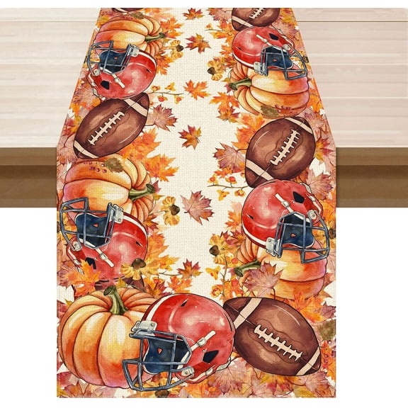 Watercolor Football Helmet Maple Leaf Pumpkin Fall Table Runner Table Decoration for Party Home Kitchen Dining Holiday Decor 13x72 Inch