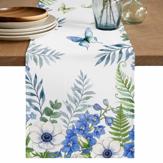 Watercolor Foral Table Runner 90 Inches, Spring Flowers Butterflies Leaves Plants Bed Runner Dresser Scarves Tabletop for Indoor Outdoor Parties/Ceremony/Banquet, 13" x 90"