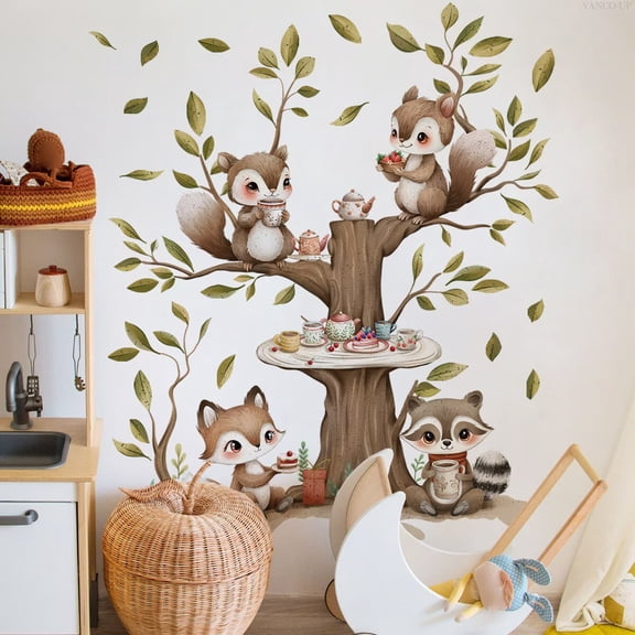 Watercolor Forest Animal Wall Decal for Kids Room - Koala, Fox, Squirrel Tree Wall Sticker, Removable Nursery Decor, Playroom Mural Art