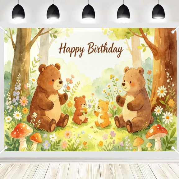 Watercolor Forest Bear Family Birthday Backdrop, Woodland Animal Floral Birthday Photo Booth Background 3x5ft