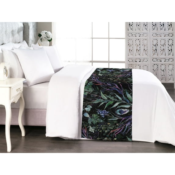 Watercolor Forest Bed Runner, Leaves Greenery and Bohemian Petals Jungle Night Vibes Print, Decorative Accent Bedding Scarf for Hotels Homes & Guest Rooms, Queen, Lavender and Jade Green, by Ambesonne