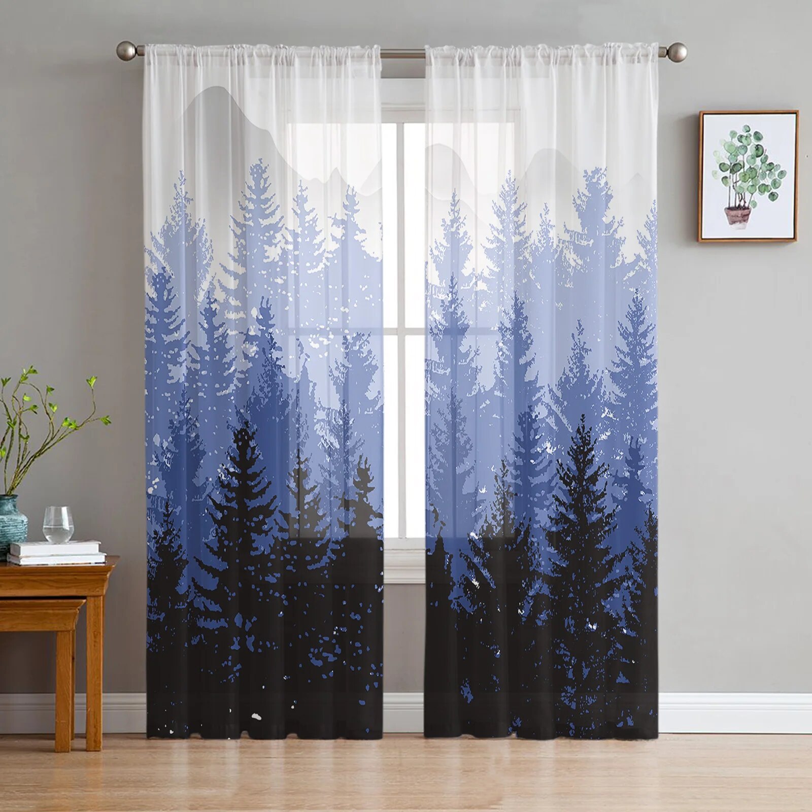 Watercolor Forest Bird Dark Green Sheer Curtains for Living Room Tulle