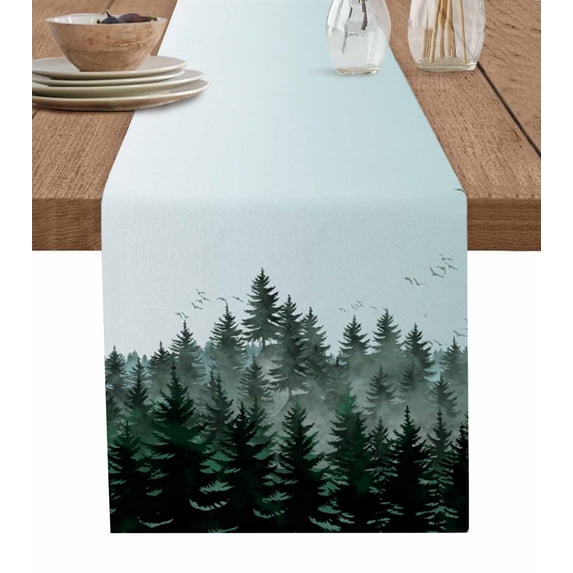 Watercolor Forest Bird Dark Green Table Runner Kitchen Decoration Table Cover Wedding Party Tablecloth 4/6pcs Placemats