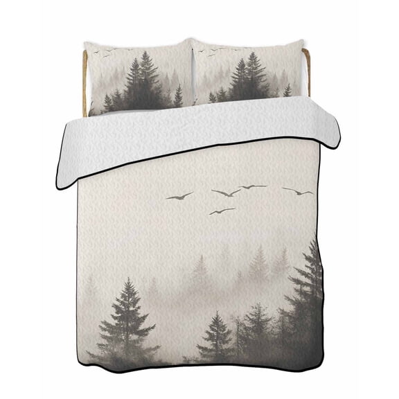 Watercolor Forest Bird Quilts Bedding Set Full Size Retro Obscure Landscape Lightweight Quilted Bedspread 3 Piece Bed Quilt with 2 Pillow Shams All Season for Bedroom 68" x 98"